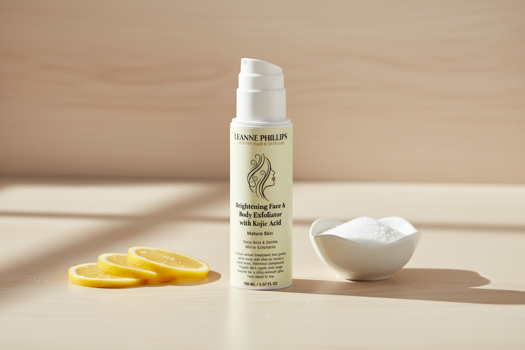 Brightening Face & Body Exfoliator with Kojic Acid in a fresh, radiant setting